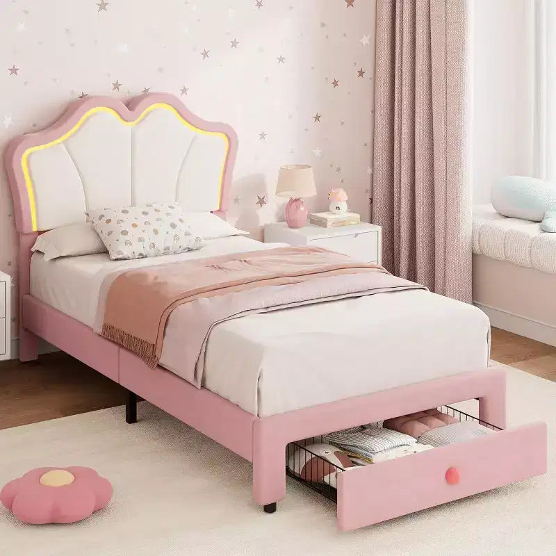 Struttura letto imbottita a LED per bambini con cassetti contenitori – Singolo, Rosa / Rosa Bianco / Bianco, 1 persona