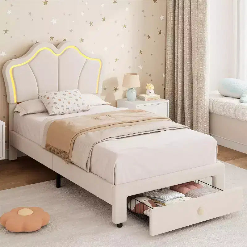 Struttura letto imbottita a LED per bambini con cassetti contenitori – Singolo, Rosa / Rosa Bianco / Bianco, 1 persona