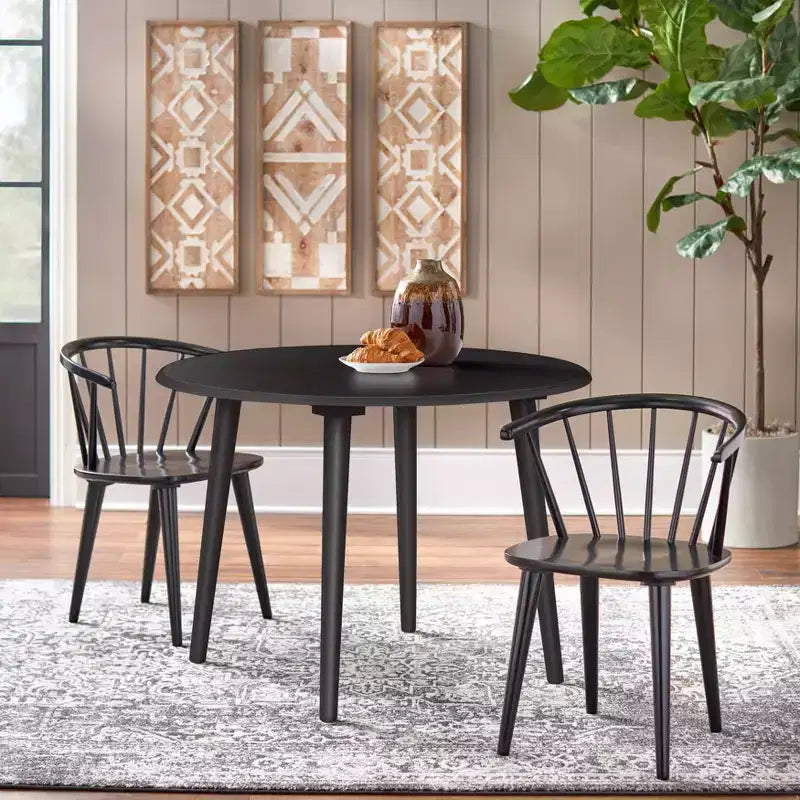 Set da pranzo rotondo, nero, stile rustico, 4 posti, 3 pezzi