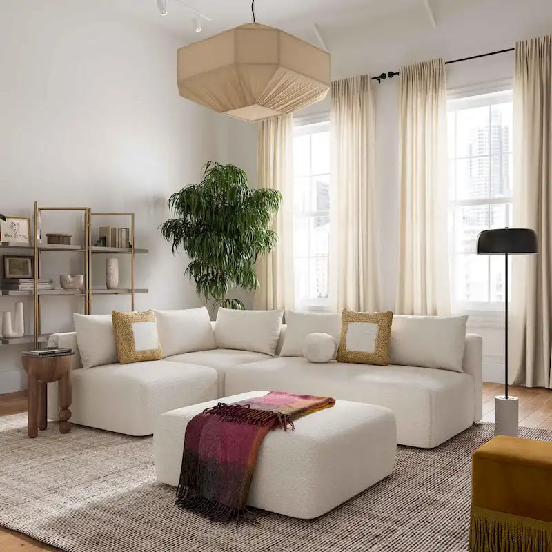 Set divani in bouclé crema e lino – 3 pezzi, 3–4 posti