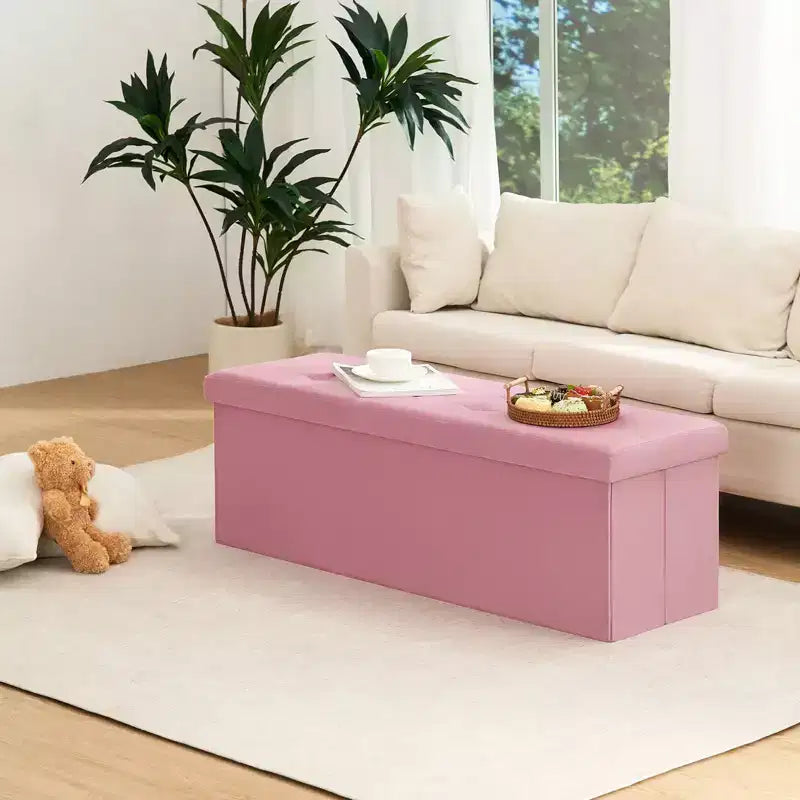 Panca Contenitore Pieghevole in Velluto – Beige / Grigio / Rosa, 109 cm, 1 Persona