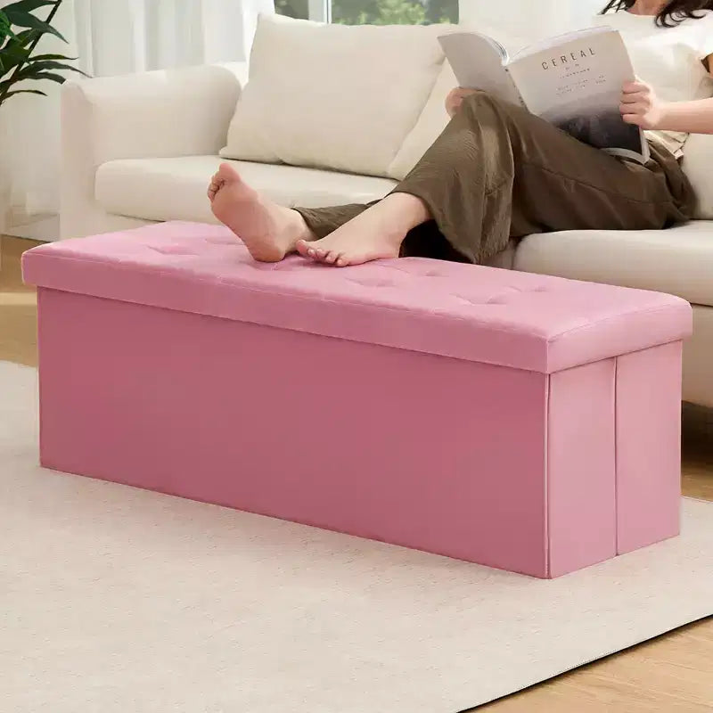 Panca Contenitore Pieghevole in Velluto – Beige / Grigio / Rosa, 109 cm, 1 Persona