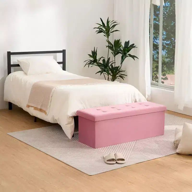 Panca Contenitore Pieghevole in Velluto – Beige / Grigio / Rosa, 109 cm, 1 Persona